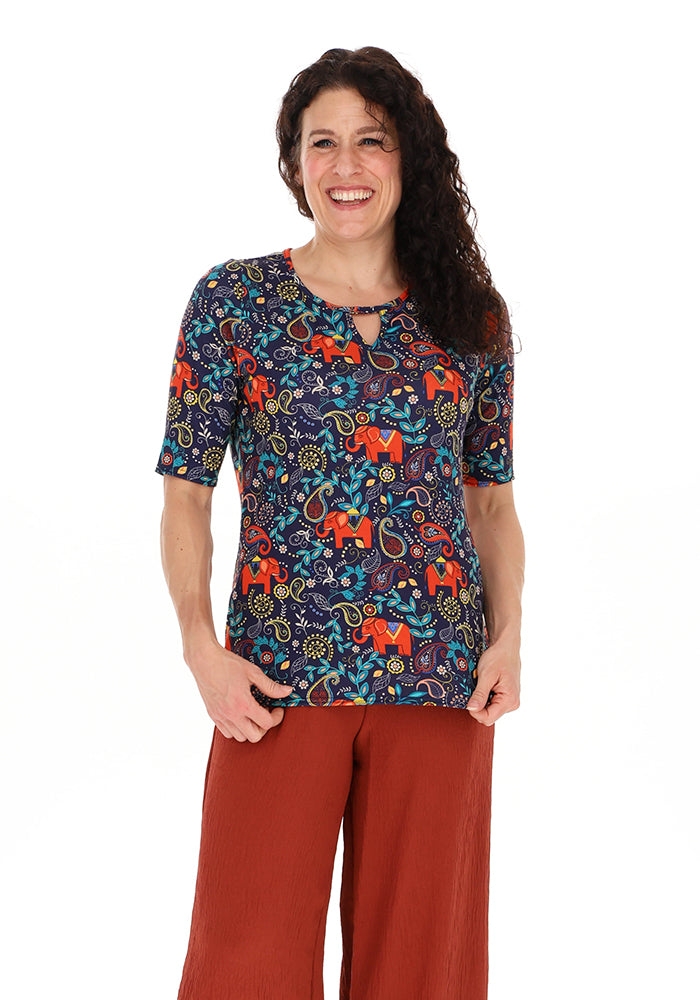 Asta Elephant Navy Paisley Print Notch Neck Top
