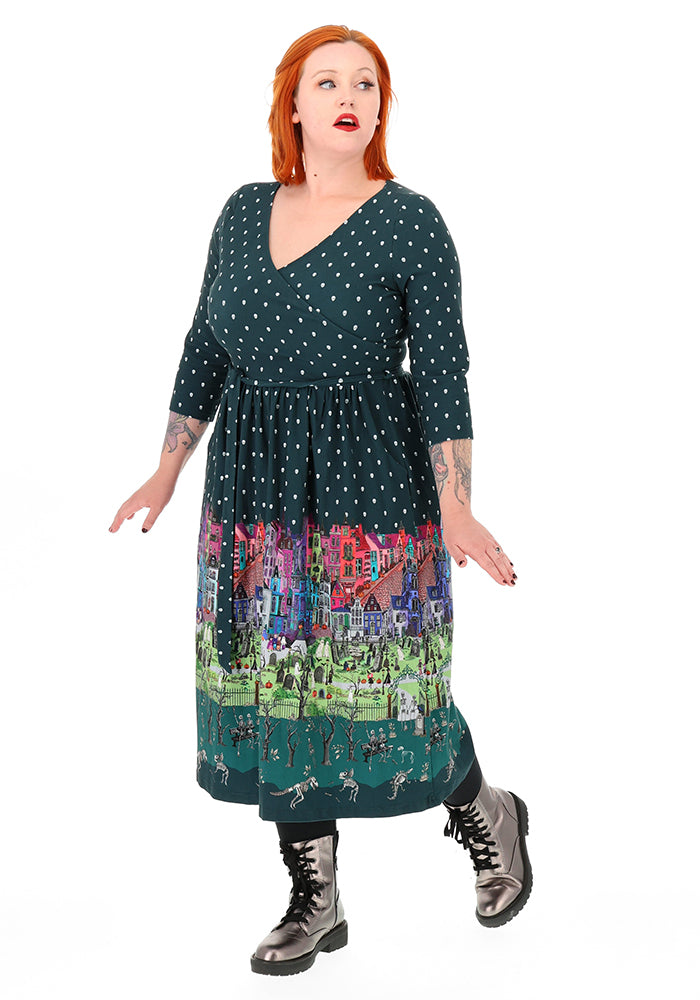 Asteria Spooky Street Border Print Cotton Midi Dress