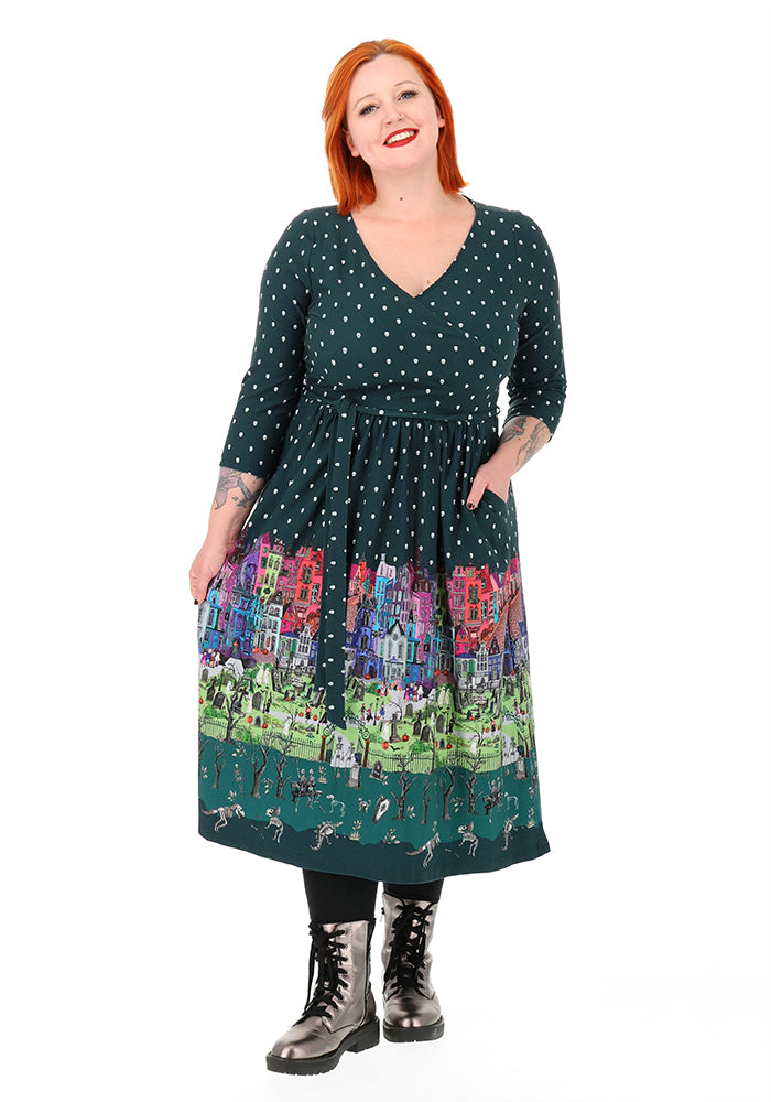Asteria Spooky Street Border Print Cotton Midi Dress