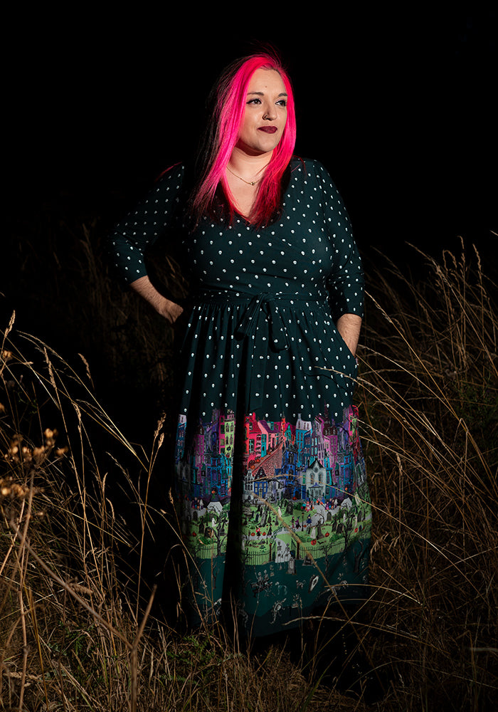 Asteria Spooky Street Border Print Cotton Midi Dress