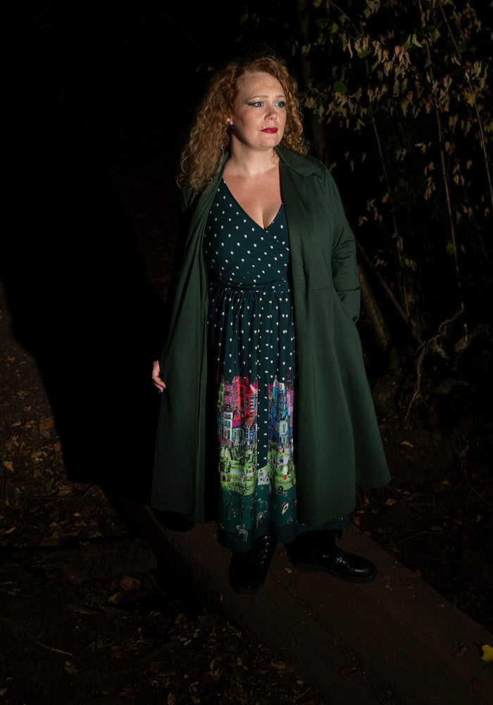 Asteria Spooky Street Border Print Cotton Midi Dress