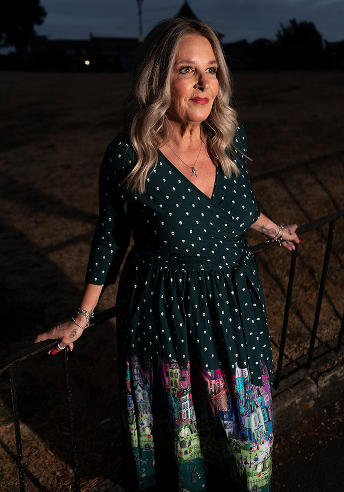 Asteria Spooky Street Border Print Cotton Midi Dress