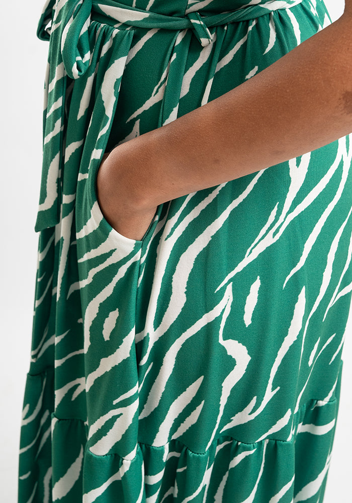 Audra Green Tiger Stripe Print Tiered Hem Midaxi Dress