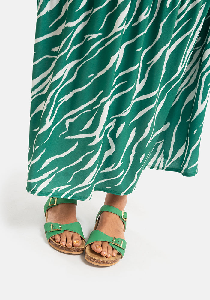 Audra Green Tiger Stripe Print Tiered Hem Midaxi Dress