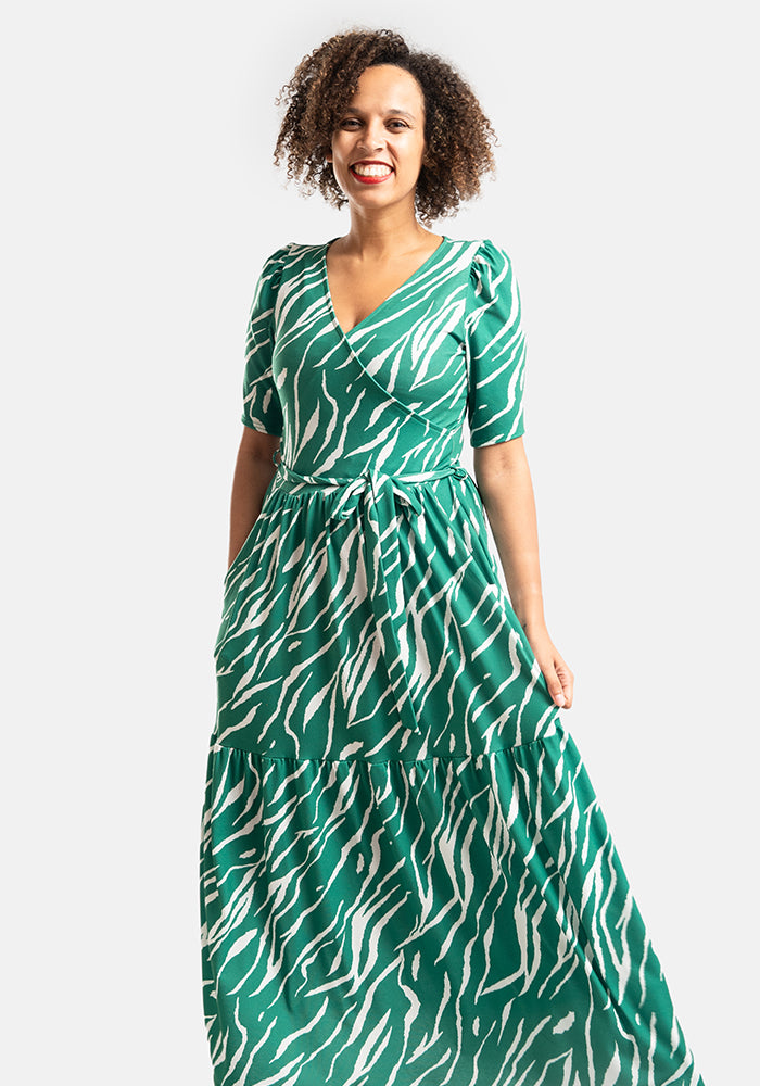 Audra Green Tiger Stripe Print Tiered Hem Midaxi Dress