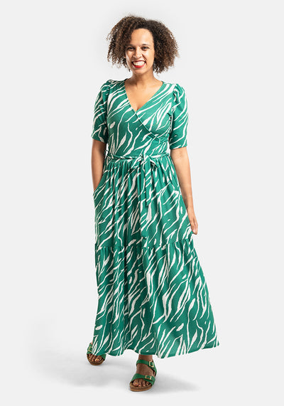 Audra Green Tiger Stripe Print Tiered Hem Midaxi Dress