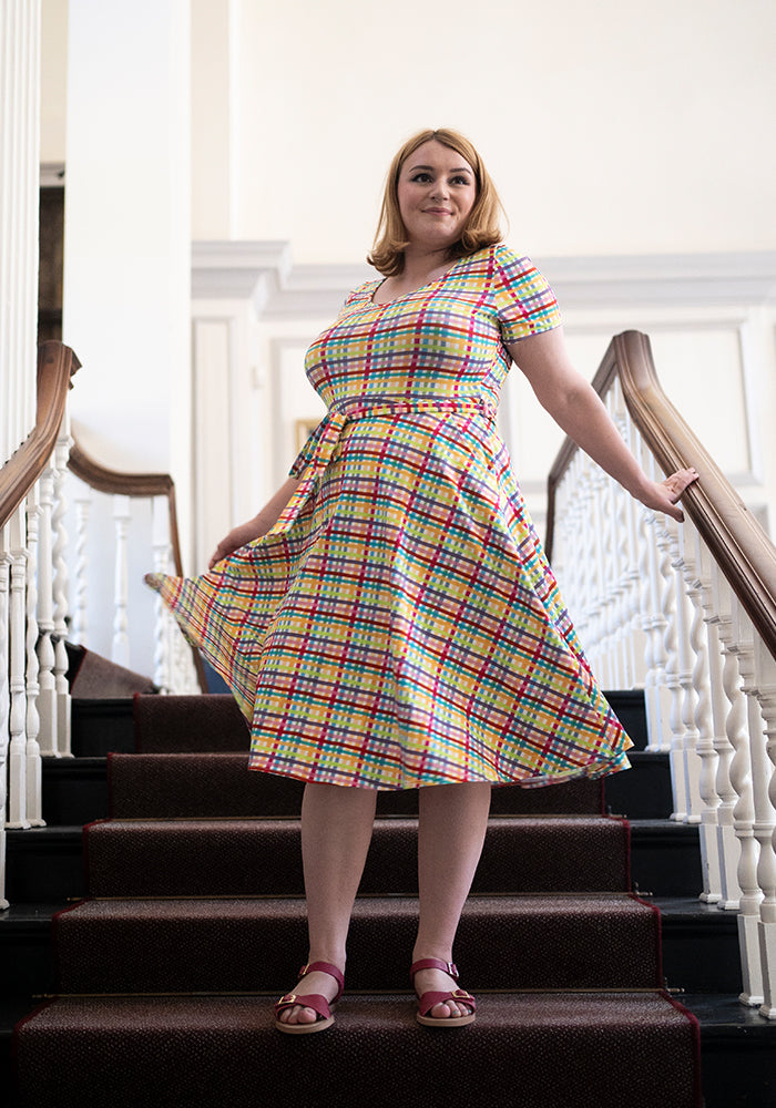 Front view of Audrey Summer Check Print Cotton Swing Dress
