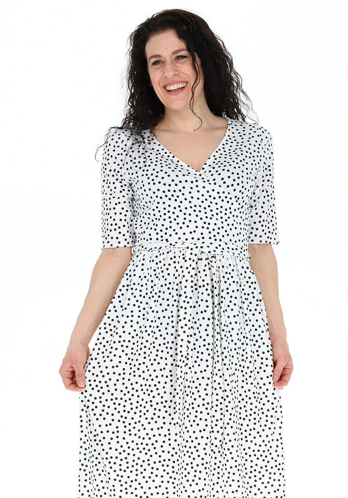 Front view of Aurea Mono Polka Dot Print Jersey Midi Dress