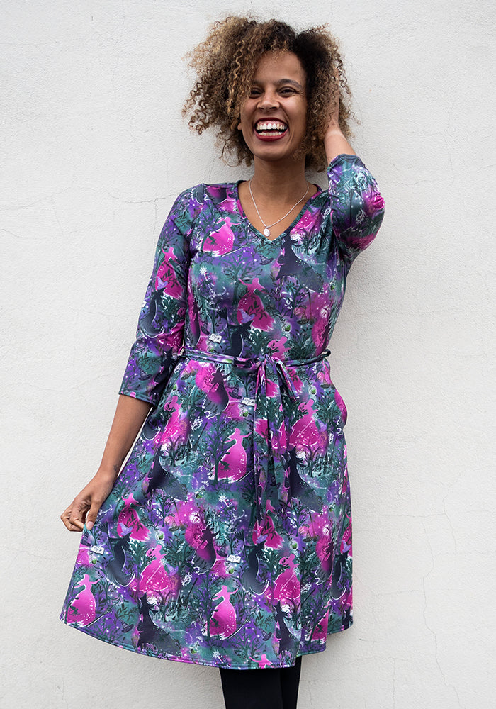 Front view of Aubriella Witches Print Dress