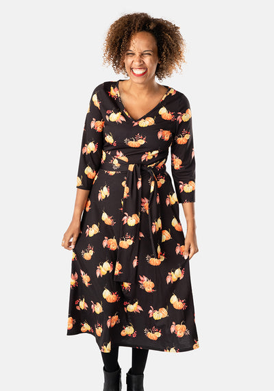 Autumn Pumpkins Print Midi Dress