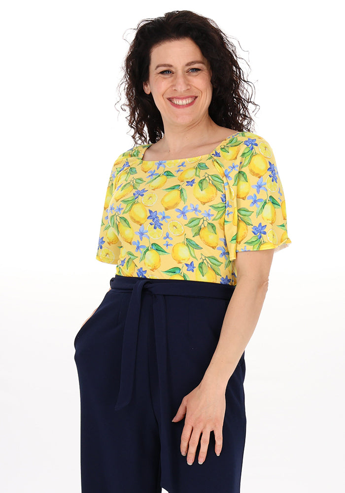 Front view of Avani Lemon Print Square Neck Jersey Top