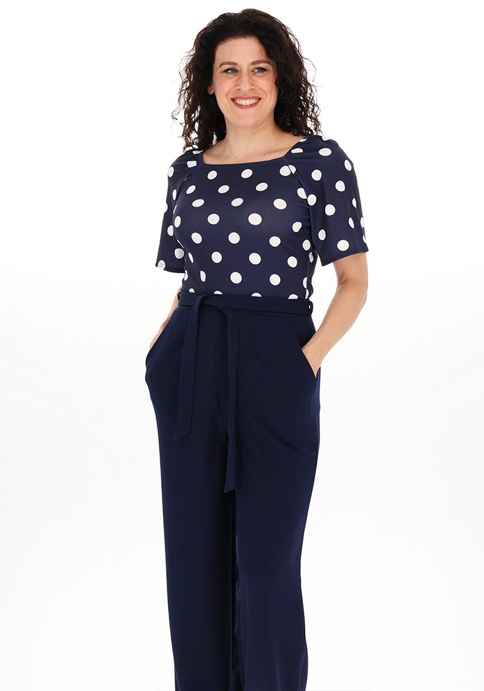 Fourth angle of Avani Polka Dot Print Square Neck Jersey Top (Navy &amp; White)