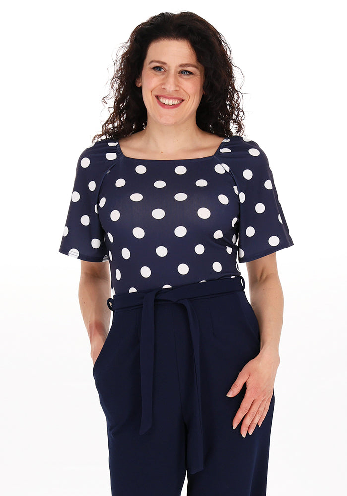 Third angle of Avani Polka Dot Print Square Neck Jersey Top (Navy &amp; White)