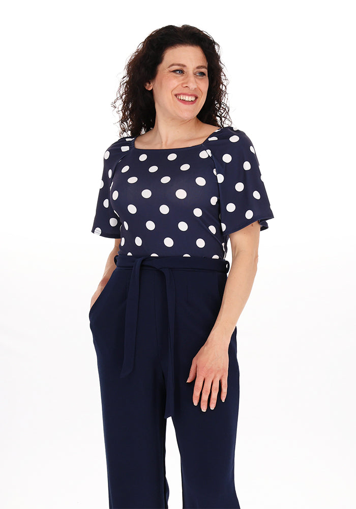 Front view of Avani Polka Dot Print Square Neck Jersey Top (Navy &amp; White)