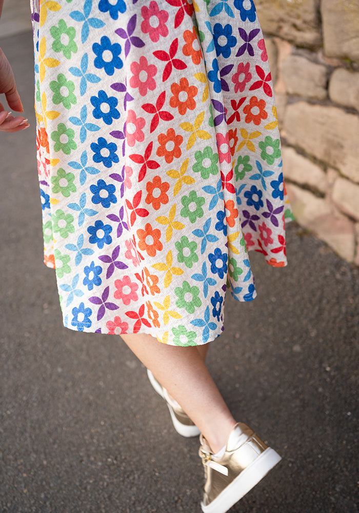 Third angle of Averee Retro Rainbow Floral Print Dress (Cream)