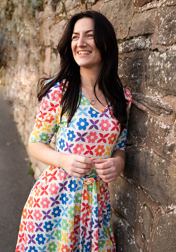 Fourth angle of Averee Retro Rainbow Floral Print Dress (Cream)