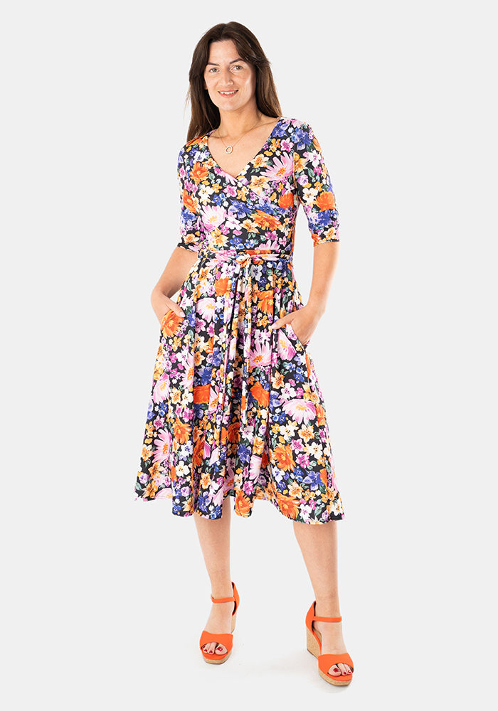 Third angle of Avianna Hand Painted Floral Print Swing Dress