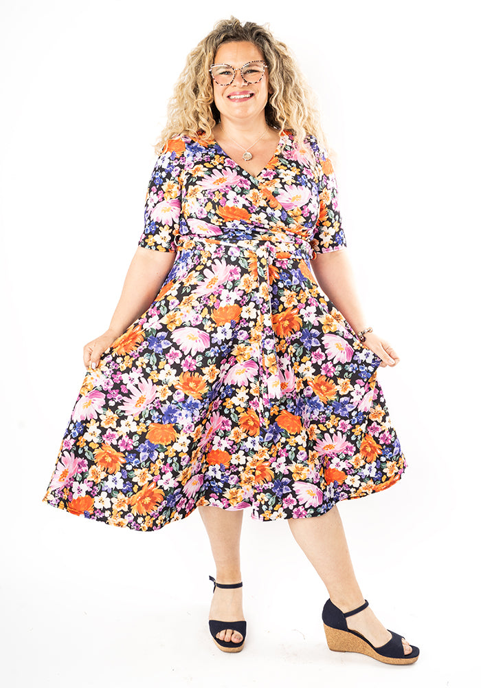 Front view of Avianna Hand Painted Floral Print Swing Dress