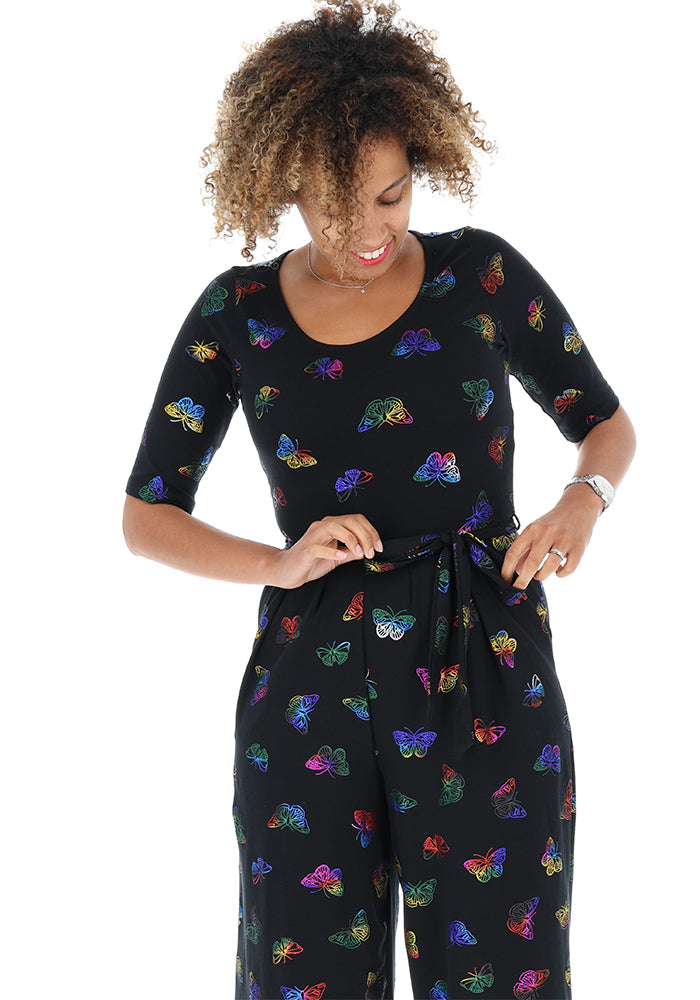 Third angle of Aviva Rainbow Foil Butterflies Print Cotton Culotte Jumpsuit