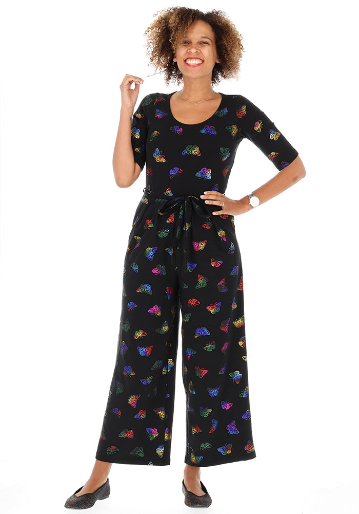 Front view of Aviva Rainbow Foil Butterflies Print Cotton Culotte Jumpsuit