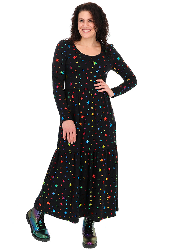 Avril Rainbow Foil Stars Print Cotton Midaxi Dress