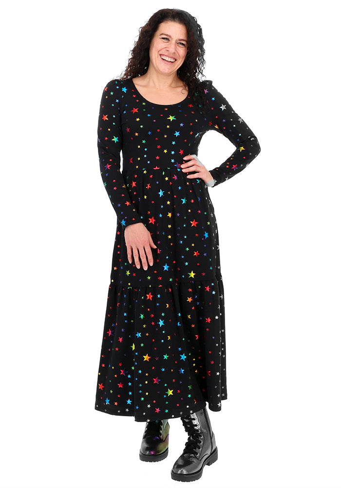 Avril Rainbow Foil Stars Print Cotton Midaxi Dress