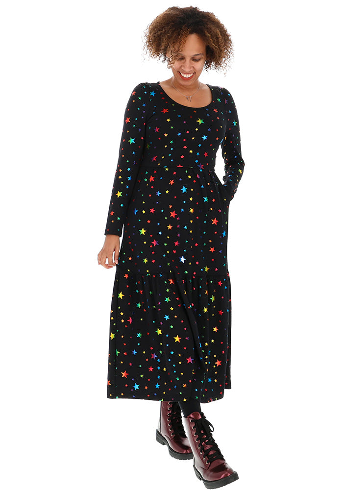 Avril Rainbow Foil Stars Print Cotton Midaxi Dress