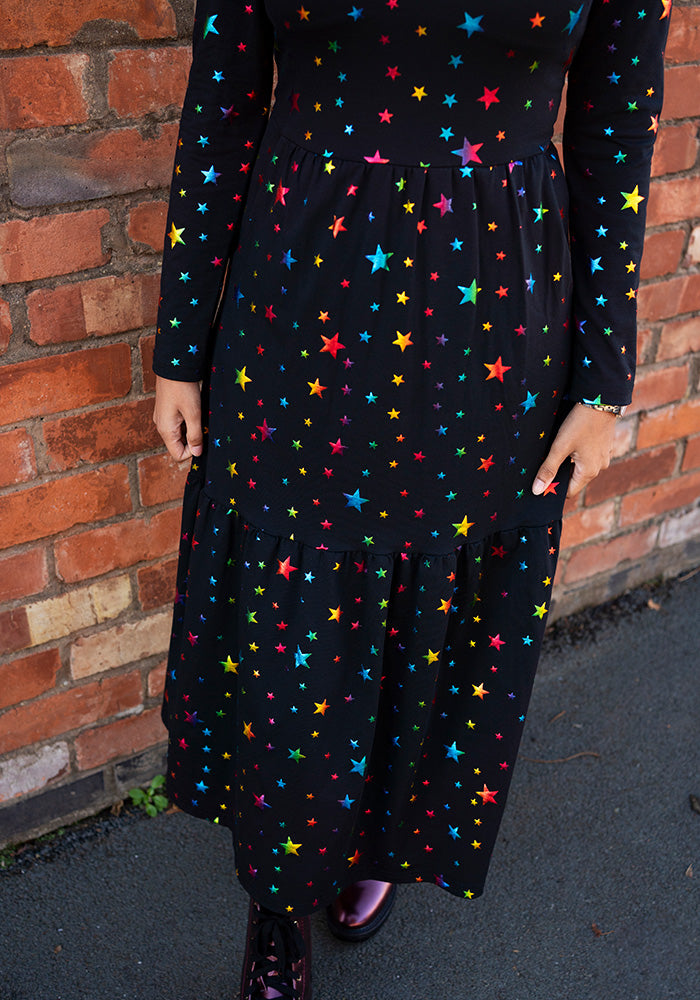 Avril Rainbow Foil Stars Print Cotton Midaxi Dress