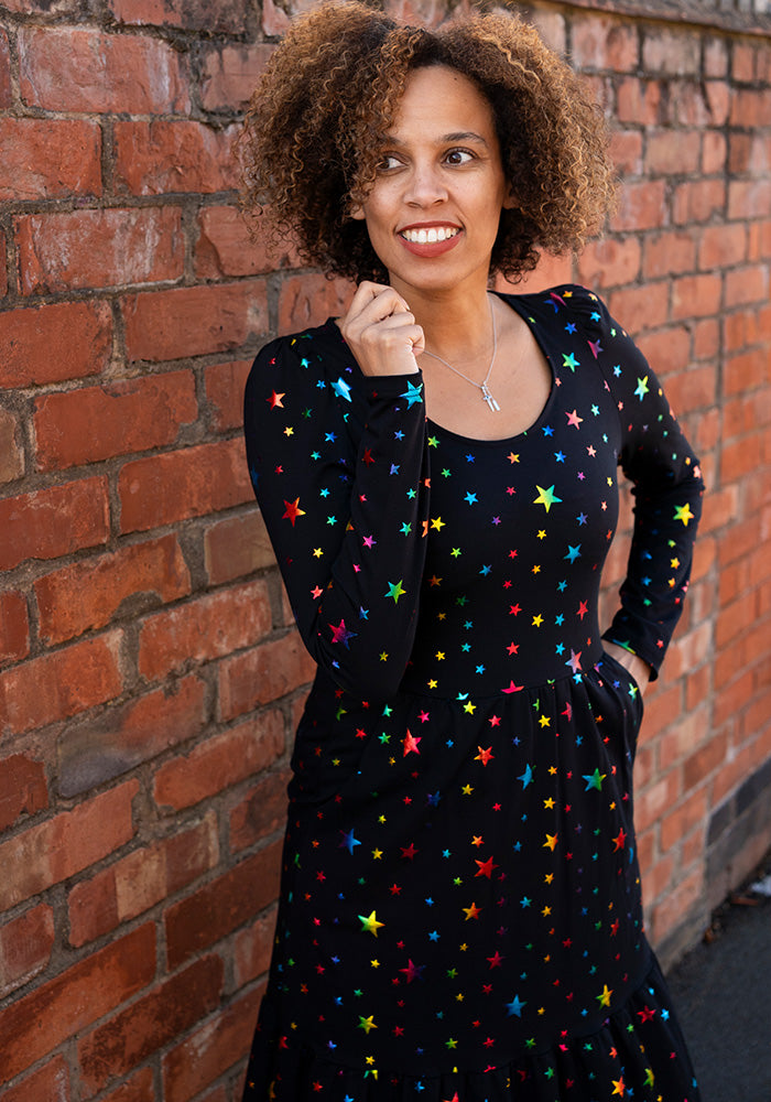 Avril Rainbow Foil Stars Print Cotton Midaxi Dress