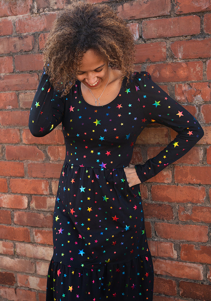 Avril Rainbow Foil Stars Print Cotton Midaxi Dress