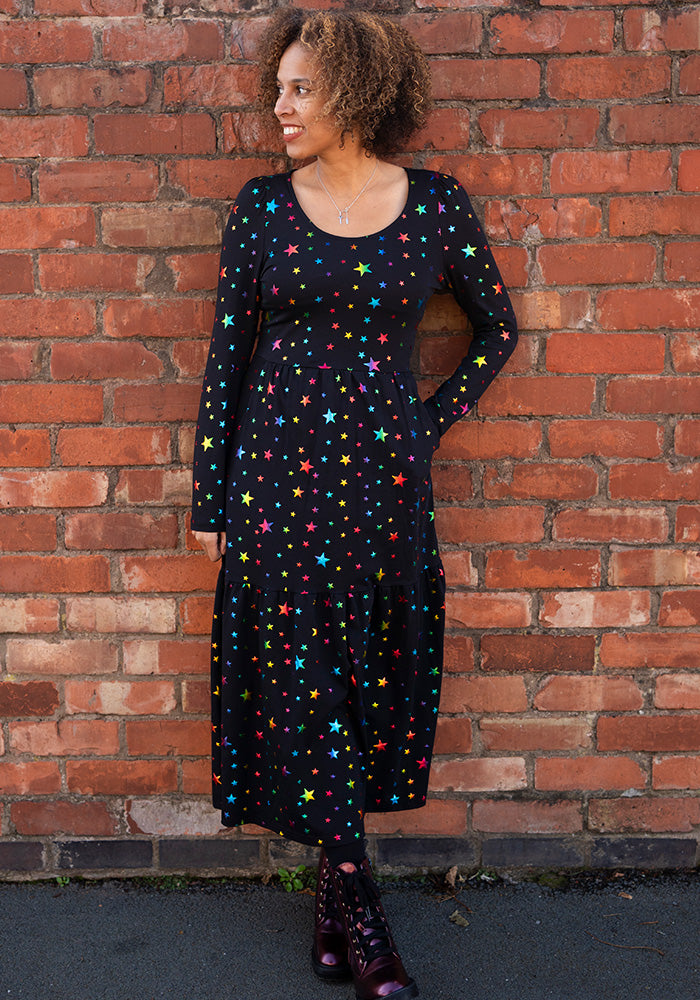 Avril Rainbow Foil Stars Print Cotton Midaxi Dress