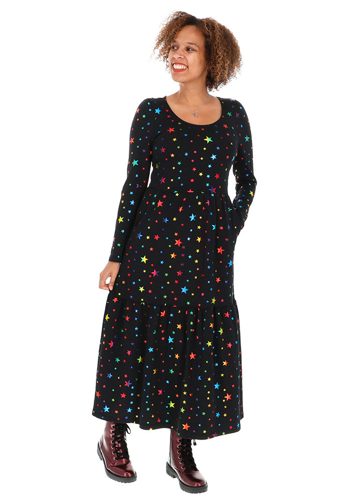 Avril Rainbow Foil Stars Print Cotton Midaxi Dress