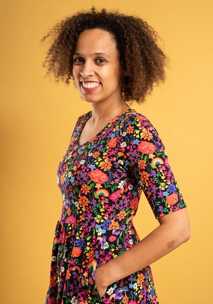 Third angle of Ayah Garden Rainbow Print Tiered Hem Cotton Dress