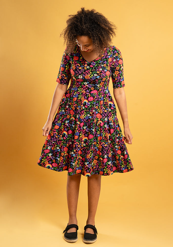 Ayah Garden Rainbow Print Tiered Hem Cotton Dress