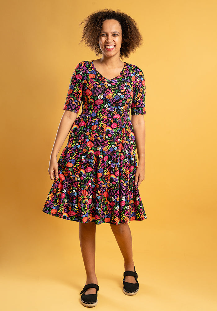 Front view of Ayah Garden Rainbow Print Tiered Hem Cotton Dress
