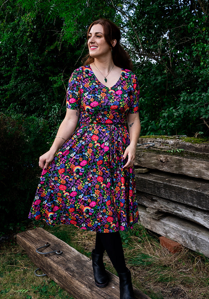 Front view of Ayla Rainbow Garden Print Swing Dress