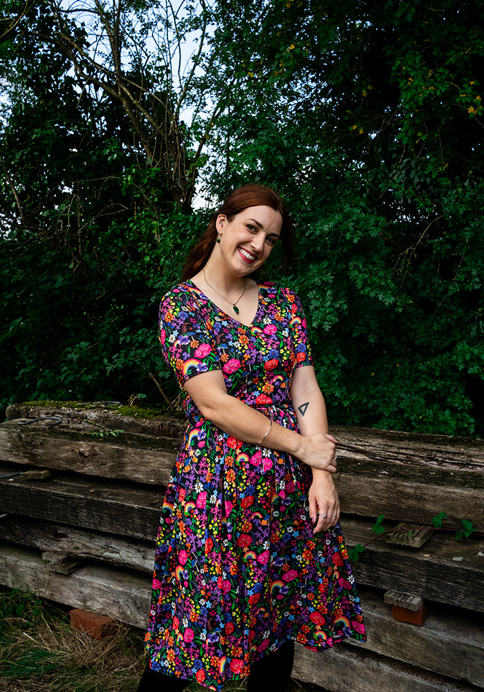 Third angle of Ayla Rainbow Garden Print Swing Dress