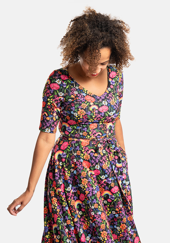 Seventh angle of Ayla Rainbow Garden Print Swing Dress
