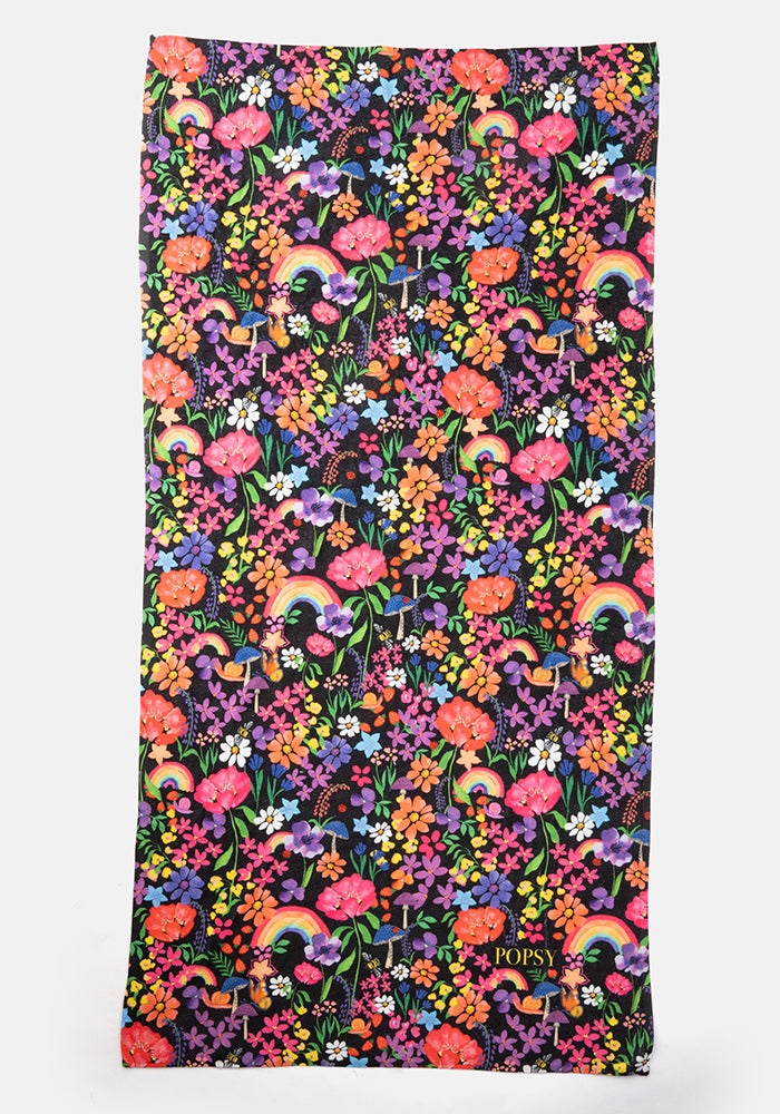 Front view of Large Garden Rainbow Floral Print Towel