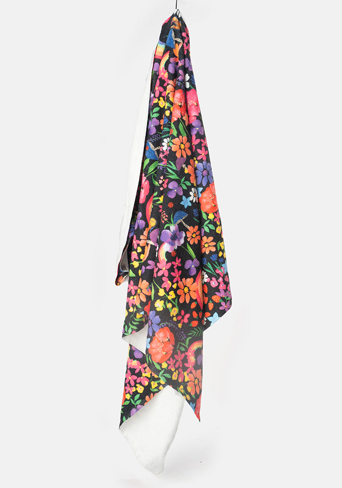 Large Black Rainbow Floral Print Towel