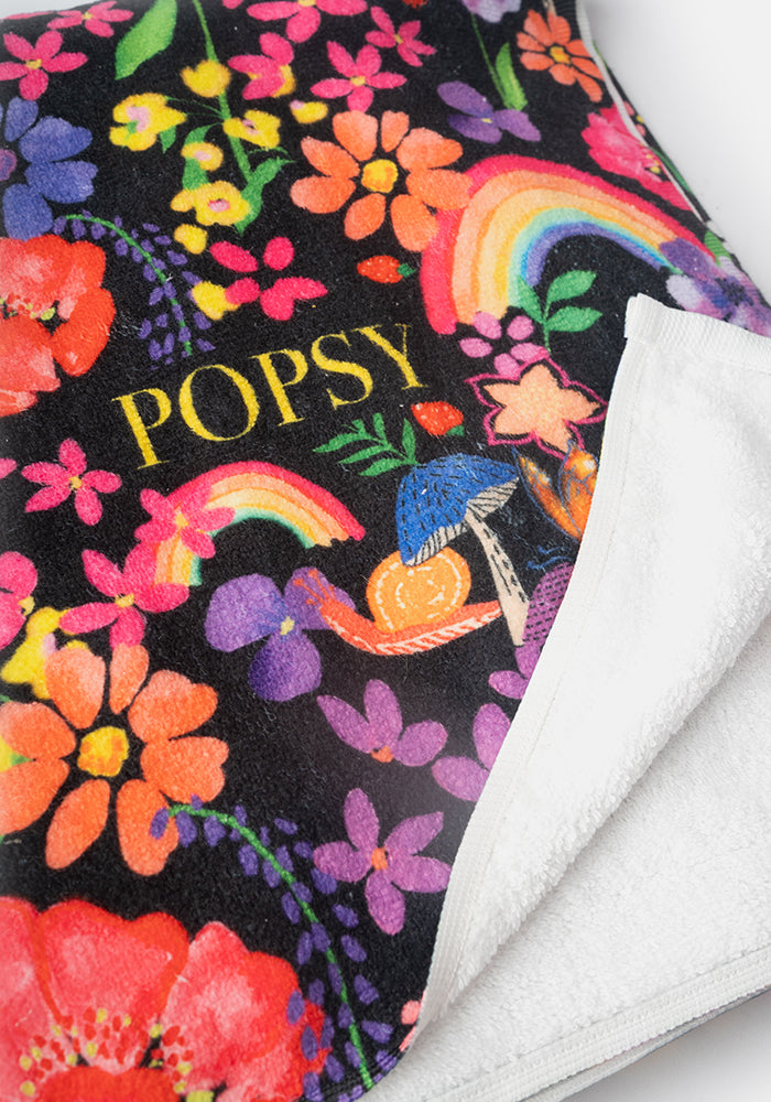 Large Black Rainbow Floral Print Towel