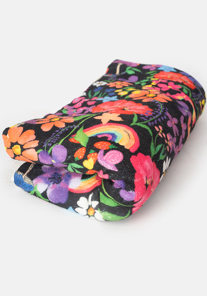 Large Black Rainbow Floral Print Towel