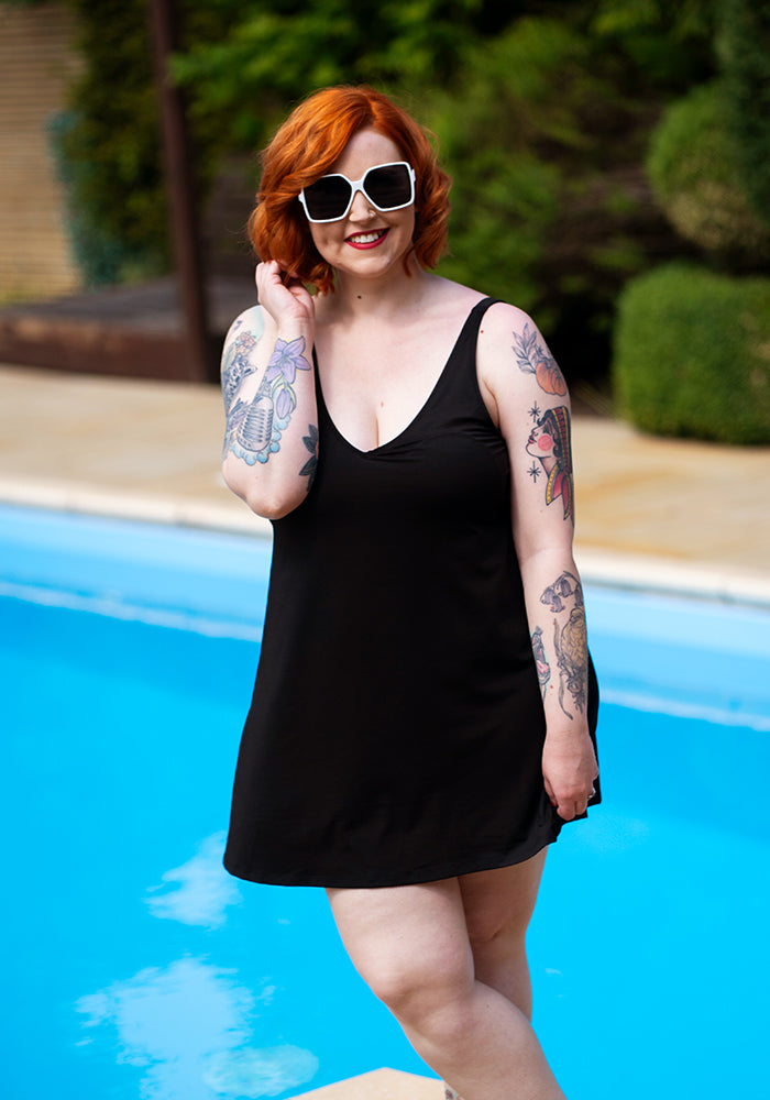 Front view of Black Skirted Swimsuit, black Skirted Swimsuit An easy, confidence-boosting swimwear essential.