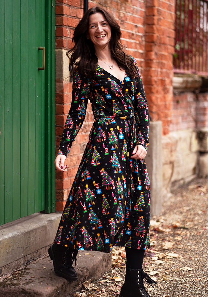 Elfreda Christmas Tree Elves Print Cotton Midi Dress