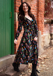 Elfreda Christmas Tree Elves Print Cotton Midi Dress