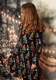 Children's Christmas Tree Elves Print Cotton Dress (Elfreda)