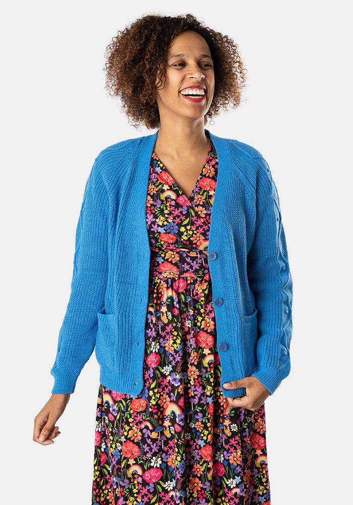 Front view of Blue Cable Sleeve Cardigan