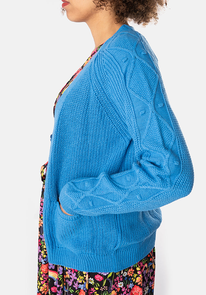 Sixth angle of Blue Cable Sleeve Cardigan