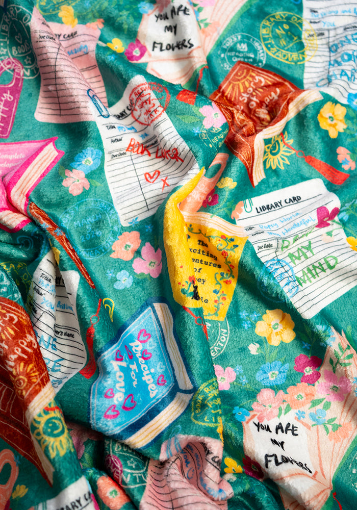 Second angle of Teal Library Books Print Plush Blanket (Pop-Under)