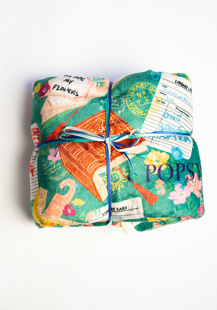 Front view of Teal Library Books Print Plush Blanket (Pop-Under), teal Library Book print plush blanket from Popsy Clothing.